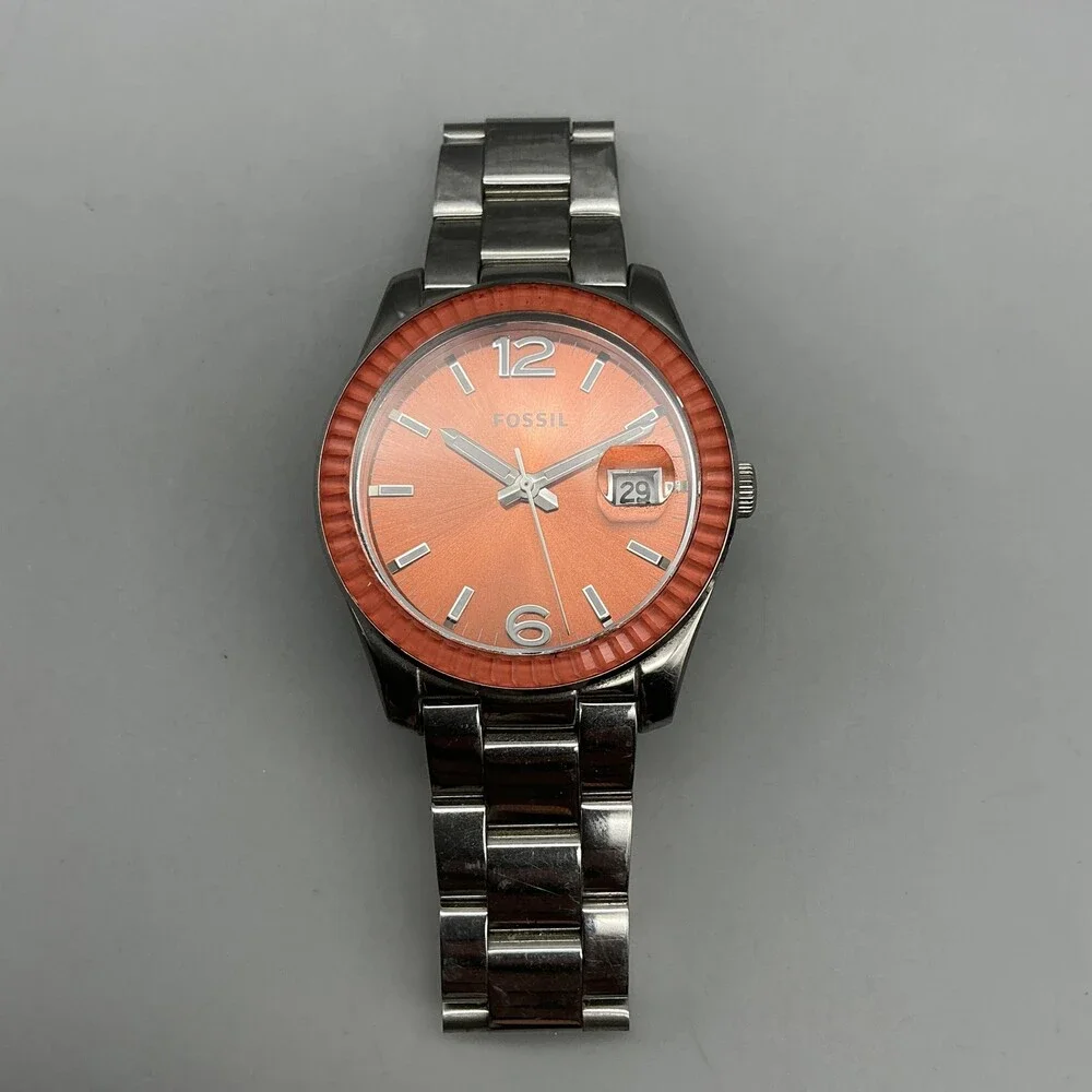 Fossil 2515 Mens Watch 39mm Orange Dial Silver Tone Date New Battery 6.75